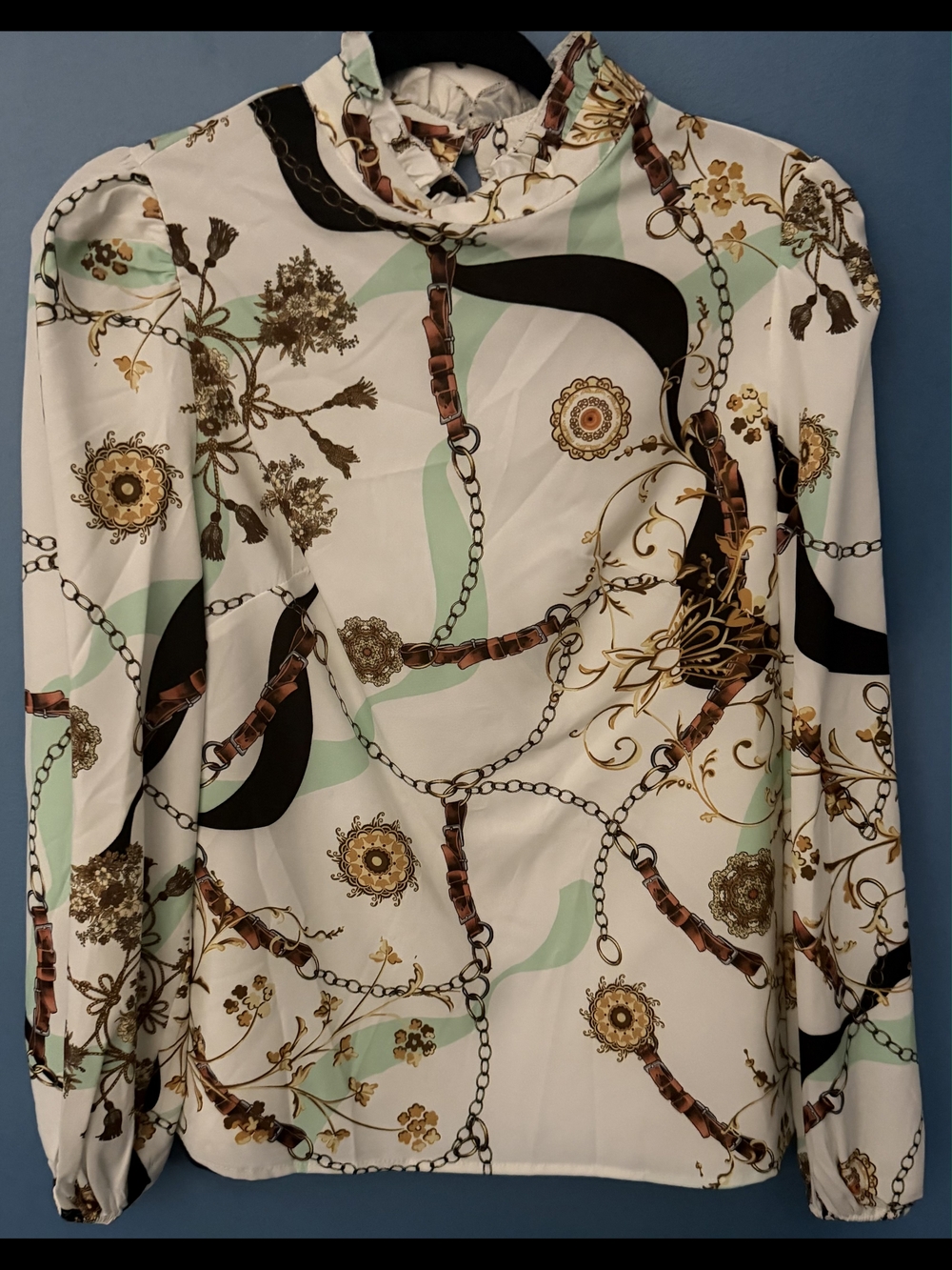 High-Neck Chain-Print Blouse in White and Mint
